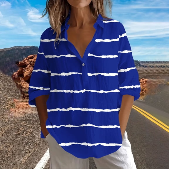 Tops for Women Plus Size Stripe Printed Lapel Button T-shirt Casual 3/4 Sleeve Top Blue XXXL