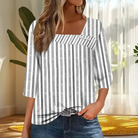 Tops for Women Plus Size Stripe Printed V-Neck 3/4 Sleeve Button Skew Collar Blouses Casual T-shirt Gray XL