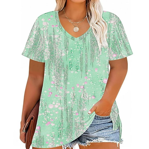 Tops for Women Plus Size V Neck Printing Short Sleeve Solid Color Summer Base Causal T Shirt