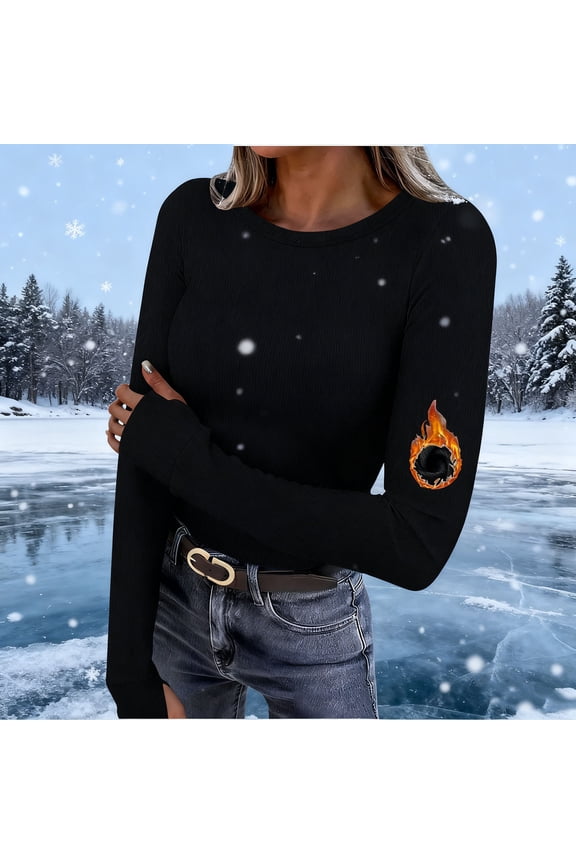Tops for Women Plus Size Women's Long Sleeve Thermal Shirt for Women Tops CrewNeck T-Shirts with Thumb Holes Fall Fashion Black M