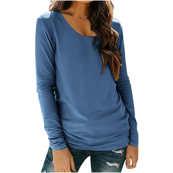 Tops for Women Plus Size Women's Solid Color Long Sleeved Base with Round Neck Casual T-Shirt and Pullover Blue S