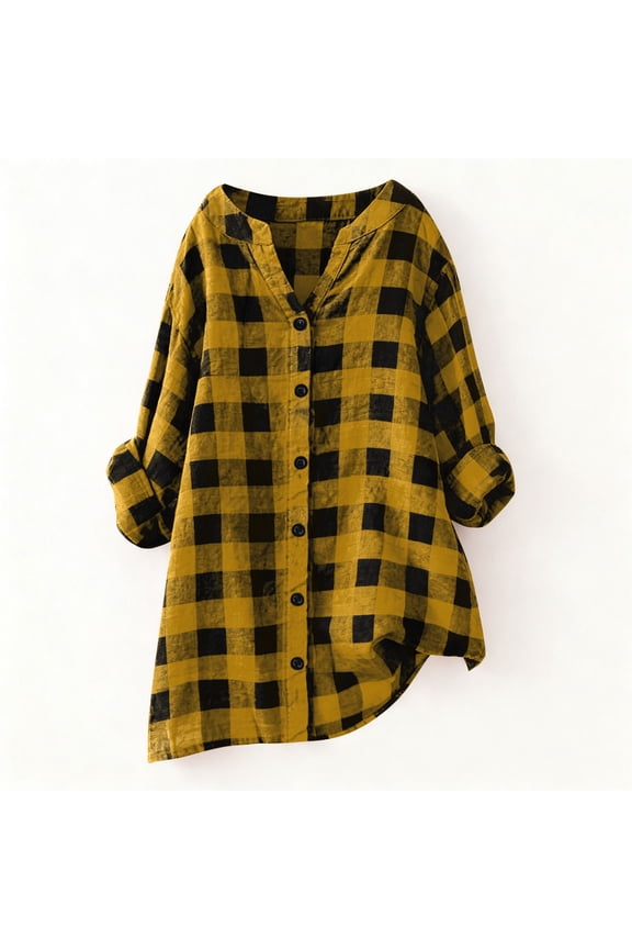 Tops for Women Plus Size Women's V-Neck Long Sleeve Loose Button and Linen Tunic Blouse Plaid Shrits Yellow XXL