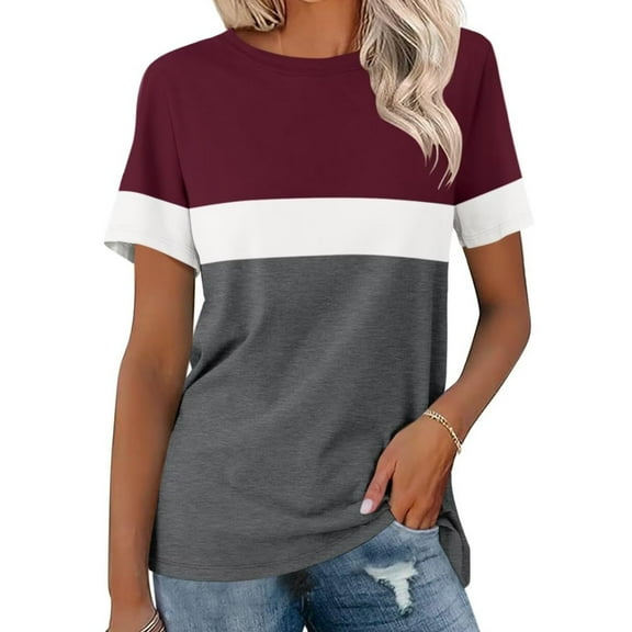 Tops for Women Plus Size under $5 Round Neck Short Sleeve Striped Printed Casual T-shirt Wine L