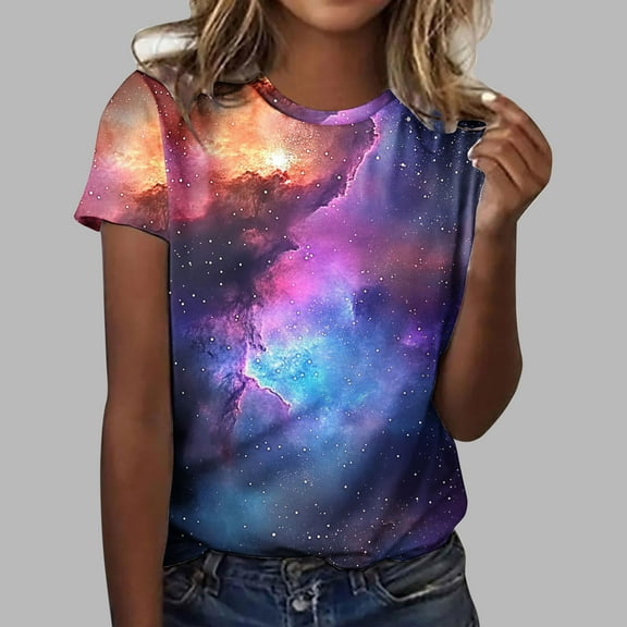 Tops for Women Plus Size under $5 Crewneck Short-Sleeved Printed T-Shirt Multicolor XL