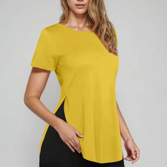 Tops for Women Plus Size under $5 Short Sleeved Round Neck Loose Casual Top Yellow XL
