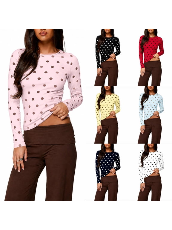 Tops for Women Polka Dot Long Sleeve Crew Neck Slim Fitted Y2K Underscrub Shirt