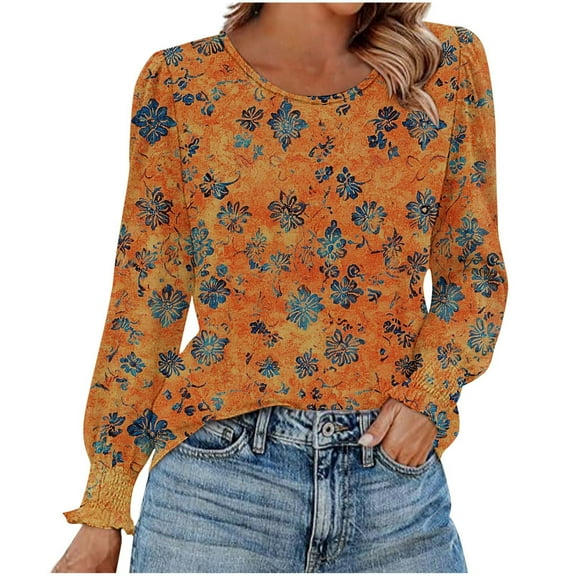 Tops for Women Print Long Sleeve Crew Neck Shirt Casual Blouse Tunic Business Work Top Fall Clothes (XXL, Gold)