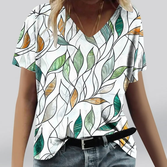 Tops for Women Print Short Sleeve V-Neck T-Shirt Green M