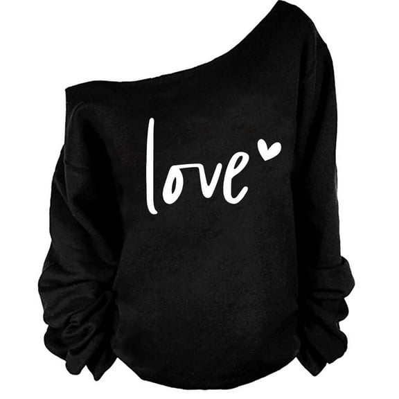 Tops for Women Printed Off Shoulder Slanted Shoulder Long Sleeved Loose Sweatshirt,Womens Sweatshirts Black