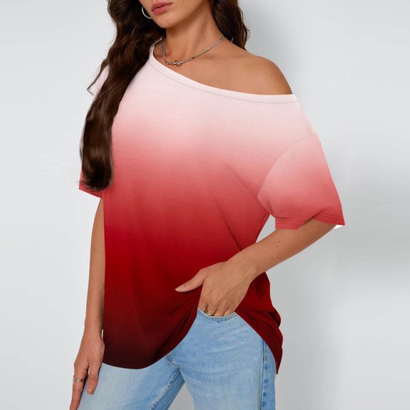 Tops for Women Printed Short Sleeved Slanted Neck Off Shoulder Loose Home Blouse Red XXL