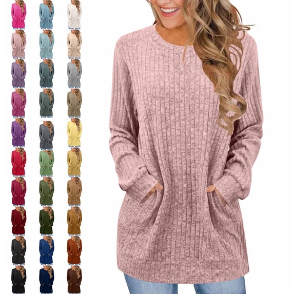 Tops for Women Ribbed Knit Crewneck Long Sleeve Tunic Sweater with Side Pockets Cozy Comfort Fit for Transitional Weather