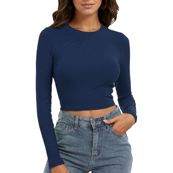 Tops for Women Ribbed Knit Long Sleeve Crop Basic Slim Fit Crewneck Comfort Womens Athletic Tops,Navy,S