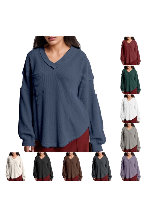 Tops for Women Ribbed Knit V-Neck Long Sleeve Top Patchwork Pullover with Chest Pocket for Daily Commuting