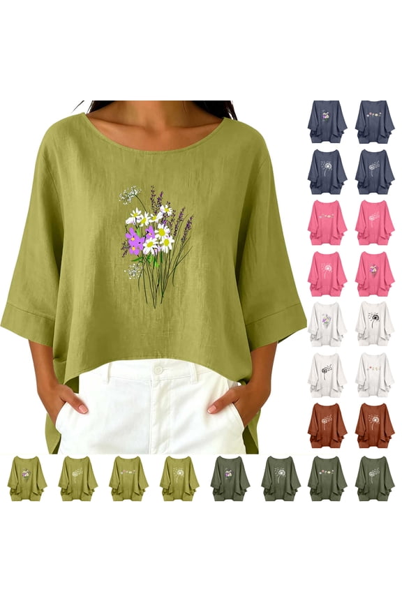 Tops for Women Round Neck 3/4 Sleeve Cotton Linen Pullover with Daisy and Lavender Floral Print S-2XL