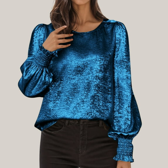 Tops for Women Ruffle Sleeve Long Sleeved Round Neck Solid Color Top Blue M