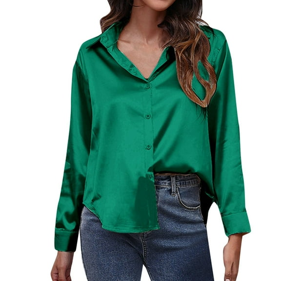 Tops for Women Satin Satin Imitation Silk Long Sleeved Button Down Blouse Shirts for Women