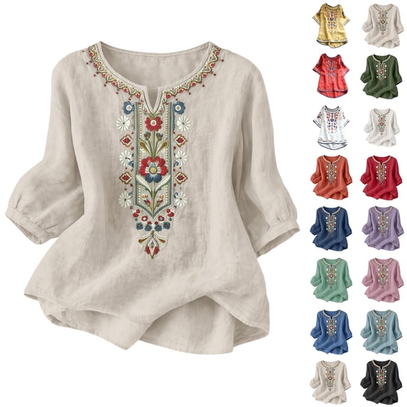 Tops for Women Sawvnm Embroidered Tops For Women 3/4 Sleeve Boho Linen Shirts Plus Size V Neck Tunic Peasant Clothes Beige XXL