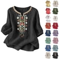 thumbnail image 1 of Tops for Women Sawvnm Embroidered Tops For Women 3/4 Sleeve Boho Linen Shirts Plus Size V Neck Tunic Peasant Clothes Black XXL, 1 of 8