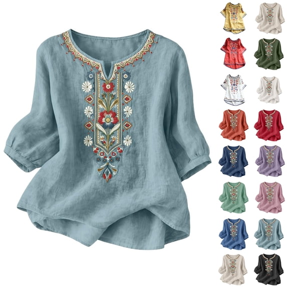 Tops for Women Sawvnm Embroidered Tops For Women 3/4 Sleeve Boho Linen Shirts Plus Size V Neck Tunic Peasant Clothes Light Blue XXL