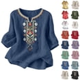 thumbnail image 1 of Tops for Women Sawvnm Embroidered Tops For Women 3/4 Sleeve Boho Linen Shirts Plus Size V Neck Tunic Peasant Clothes Navy XXL, 1 of 8