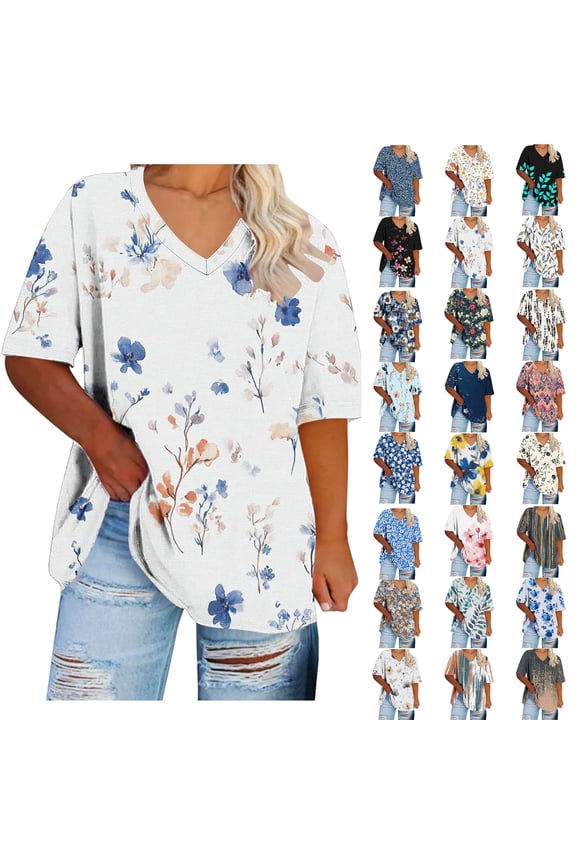 Tops for Women Sawvnm Women's Plus-Size V-Neck Short Sleeved Printing Base Shirt 3XL