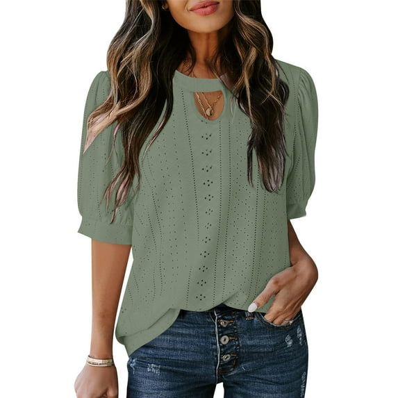 Tops for Women Short Sleeve Eyelet Embroidery Hollow Out Round-Neck Solid Color T-shirt Army Green M