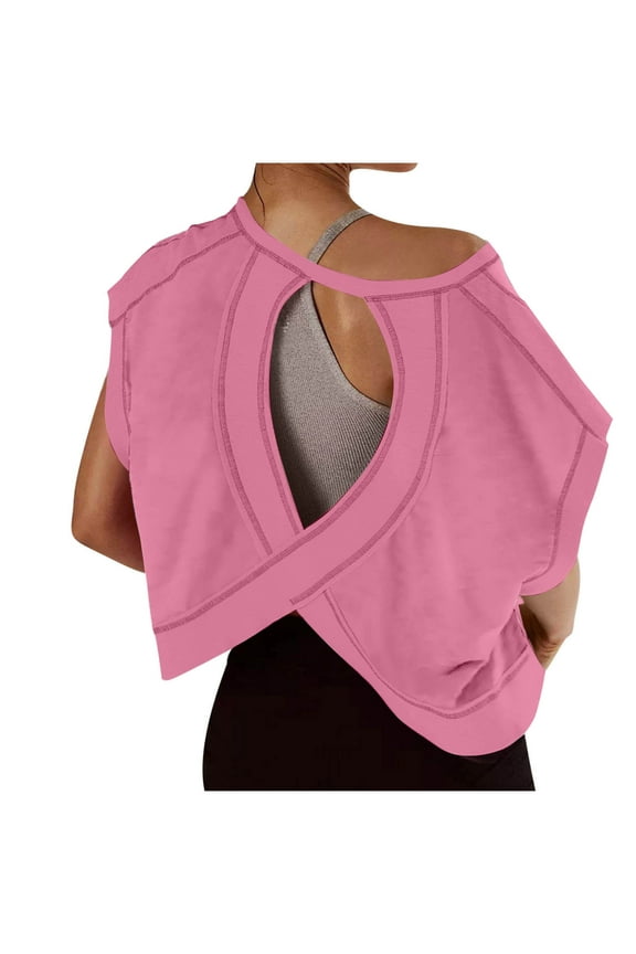 Tops for Women Short Sleeve Open Back Workout Backless Running Gym Yoga Shirts Casual Loose Fit Basic Tees Hot Pink M
