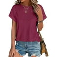 thumbnail image 1 of Tops for Women Short Sleeve Round-Neck Solid Summer Casual Blouse Wine S, 1 of 4