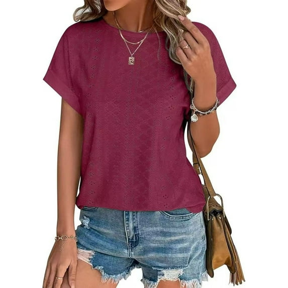 Tops for Women Short Sleeve Round-Neck Solid Summer Casual Blouse Wine S