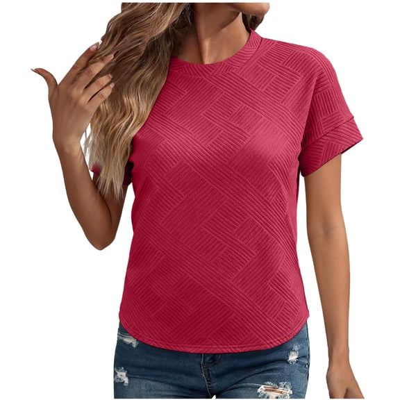 Tops for Women Short Sleeve Round Neck Spring Summer Solid Color T-Shirt Blouse Hot Pink XXL