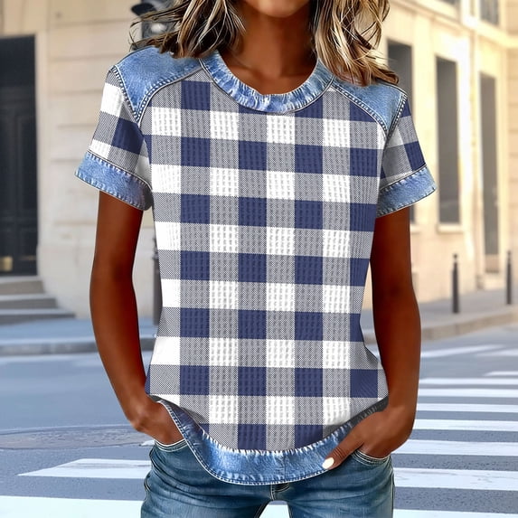 Tops for Women Short Sleeve Round Neck Waffle Casual Solid Color Blouse Loose Tops Navy XL