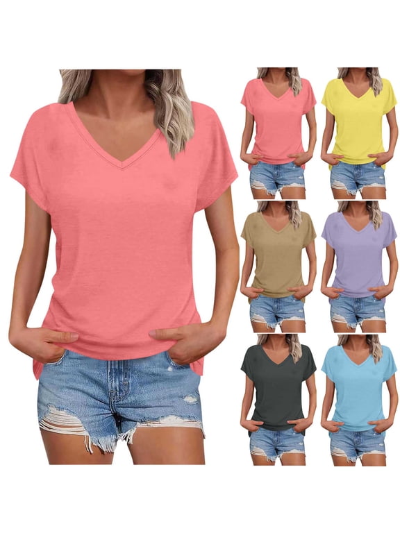 Tops for Women Short-Sleeve T-Shirt V-Neck Casual Loose Shirt Holiday Vacation Clothes for Ladies Khaki XXL