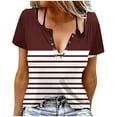 thumbnail image 1 of Tops for Women Short Sleeve V-Neck Color Block Button Blouses for Women 2025 Trendy T Shirt Wine M, 1 of 5