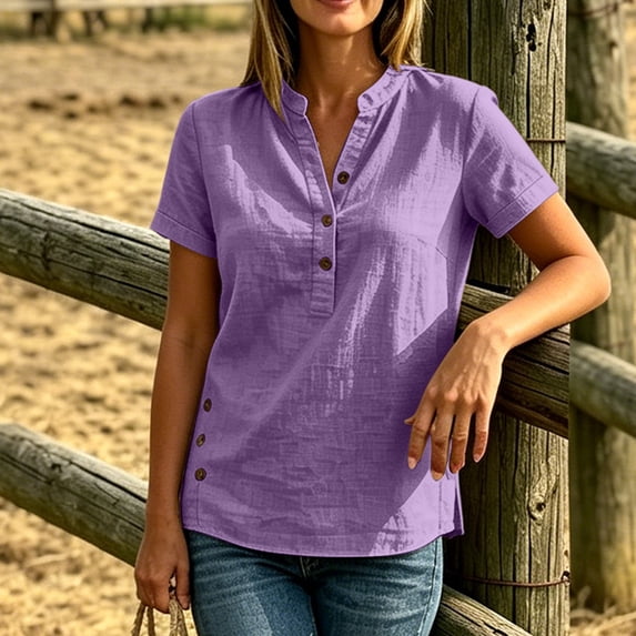 Tops for Women Short Sleeve V Neck Women V-neck Button-up Short-sleeved Shirt with Side Slit Decoration and Buttons Top Purple L