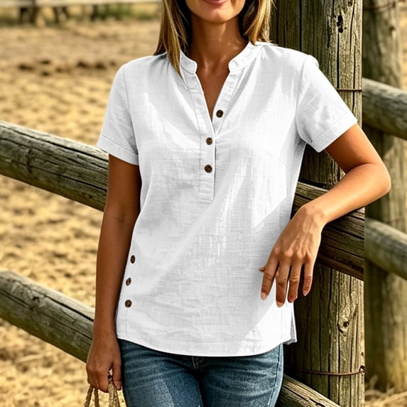 Tops for Women Short Sleeve V Neck Women V-neck Button-up Short-sleeved Shirt with Side Slit Decoration and Buttons Top White S