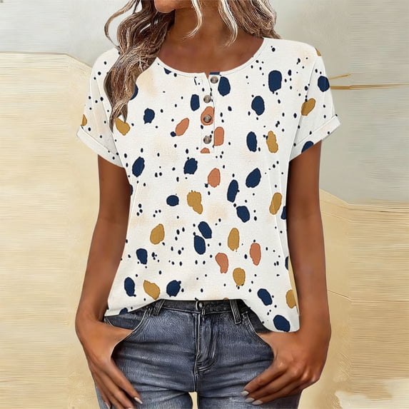Tops for Women Short Sleeved Button-up Round-neck Printed Base T-shirt White XXL