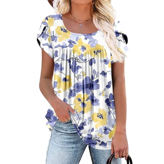 Tops for Women Short Sleeved Pleated Round Neck Printed Loose Loose Casual T-shirt Yellow S