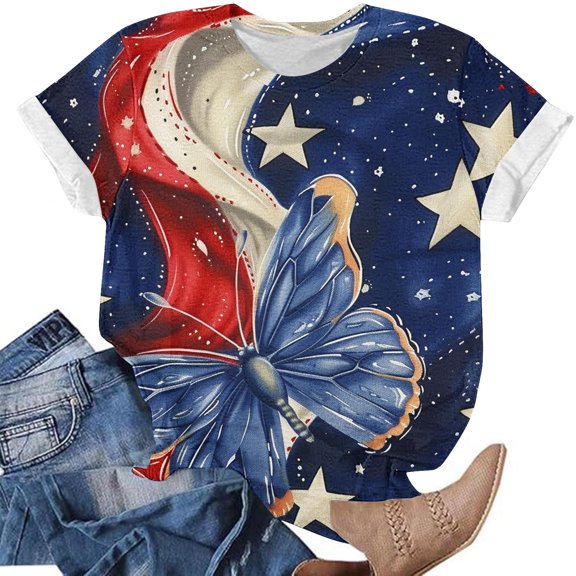 Tops for Women Short Sleeved Round Neck Independence Day Printed Casual Pullover Top Multicolor S