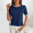 thumbnail image 1 of Tops for Women Short Sleeved Round Neck Solid Color Loose Casual Knitted Sweater Top Navy S, 1 of 4