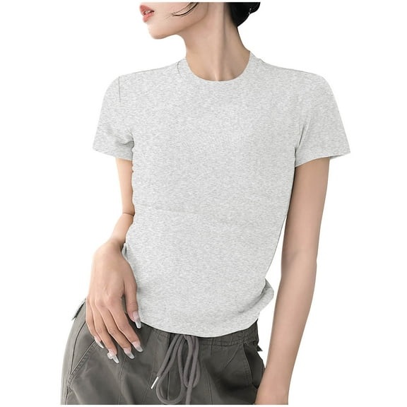 Tops for Women Short Sleeved Round Neck Solid Color Shoulder T-shirt Gray S