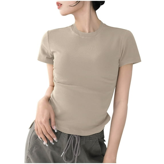 Tops for Women Short Sleeved Round Neck Solid Color Shoulder T-shirt Khaki S