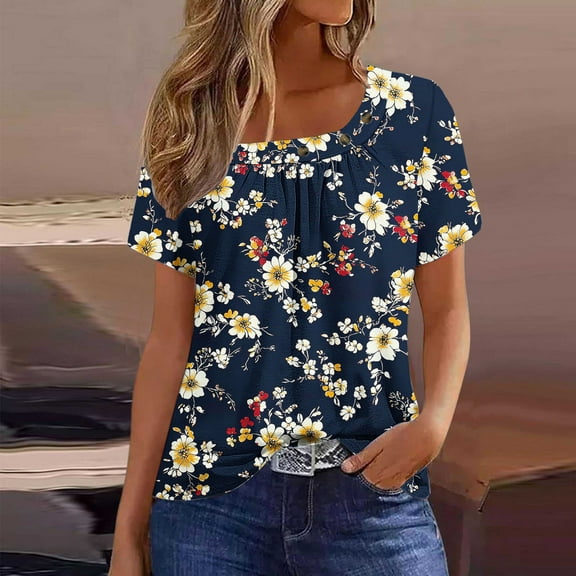 Tops for Women Short Sleeved Square Collar Pleated Printed T-shirt Navy XXXL