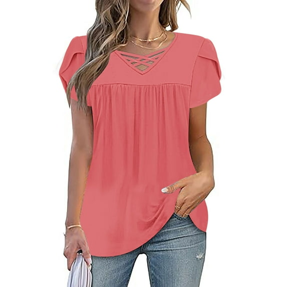 Tops for Women Short Sleeved V-Neck Pleats Solid Color Loose T-shirt Red S