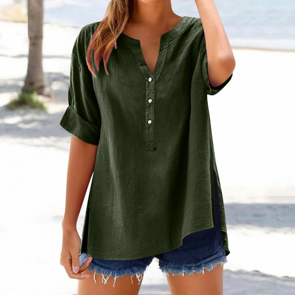 Tops for Women Short Sleeved V-neck Solid Color Pullover Button Down Hem Slit Blouses Army Green XXXL