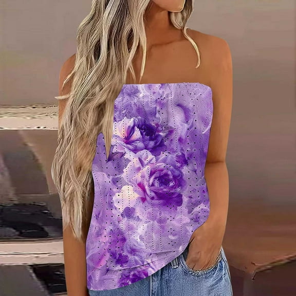 Tops for Women Sleeveless Floral Printing Tube Strapless Summer Casual T-Shirt Multicolor L
