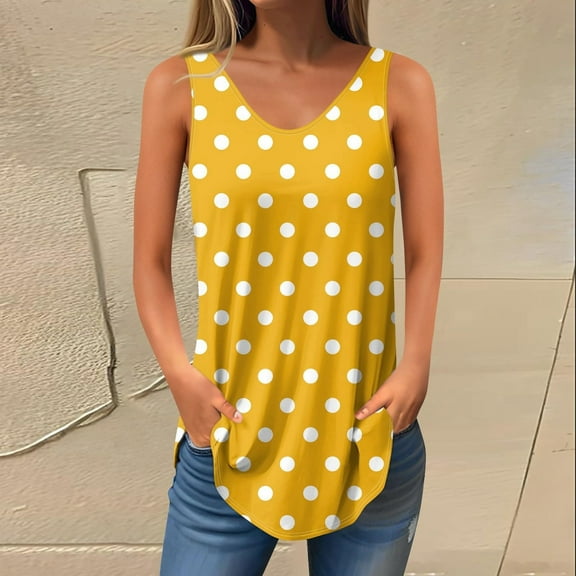 Tops for Women Sleeveless Print Tank Tops for Women Summer V Neck T Shirts Trendy Sleeveless Basic Tee Loose Fit 2025 Fashion Yellow M