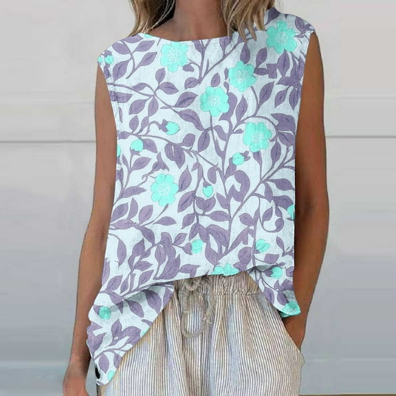 Tops for Women Sleeveless Round Neck Floral Printed Casual Tank Top Light Blue S