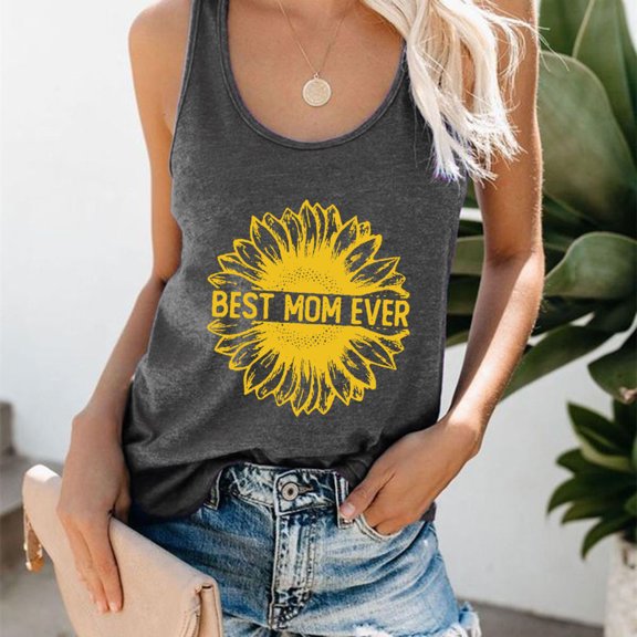 Tops for Women Sleeveless Summer Tank Top Boho Floral Racerback Cami Tops Cute Sleeveless Graphic Tanks (Drak Gray L)