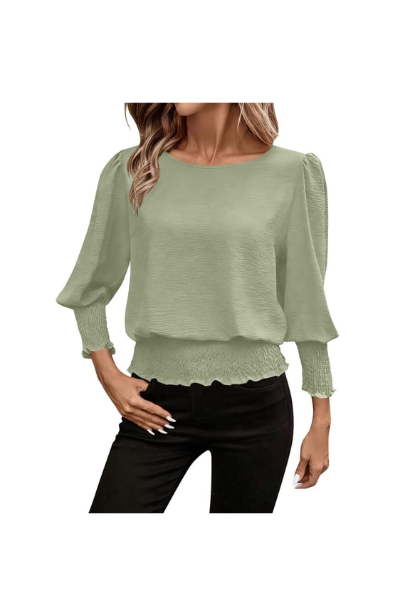 Tops for Women Smocked Elastic Cinched Waist Tops Dressy Blouse Long Sleeve Crew Neck Casual Shirts Green M(M)