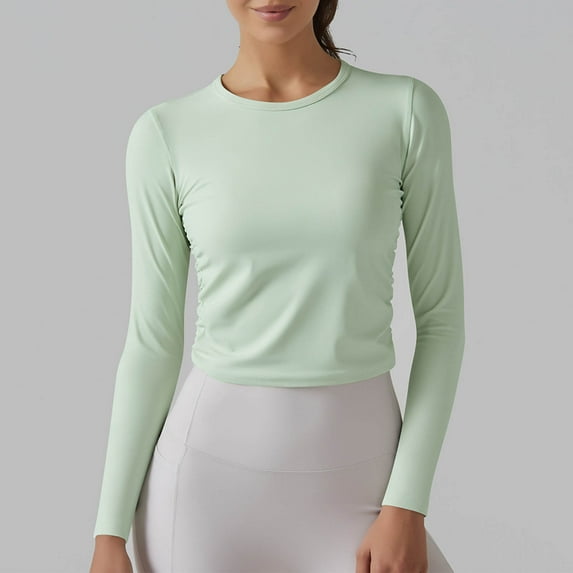 Tops for Women Solid Color Round Neck Long Sleeved Yoga Shirt Green XL